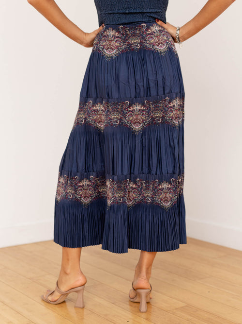 blue pleated paisley printed skirt