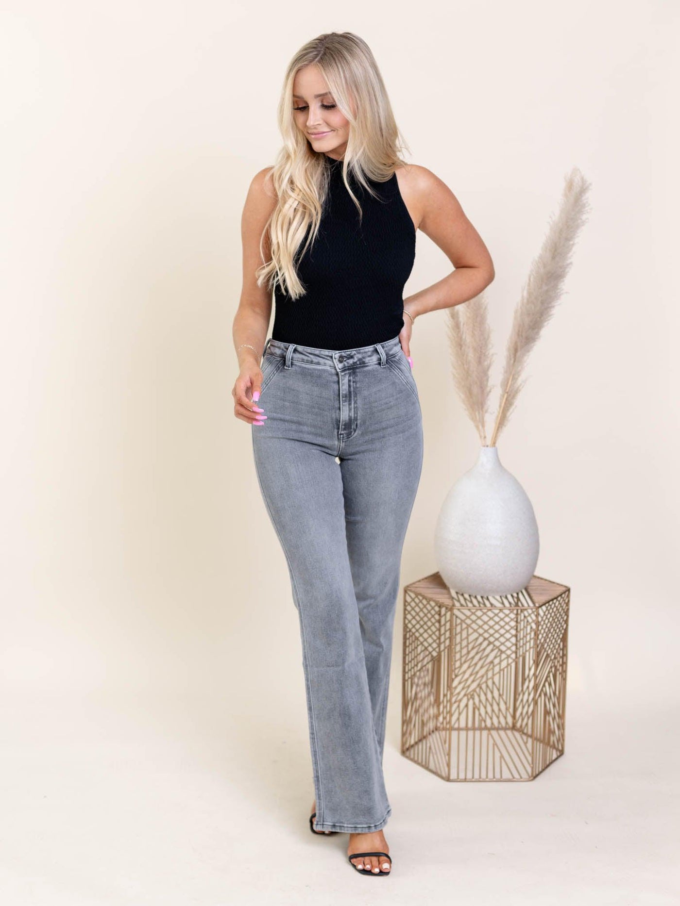 grey flare denim