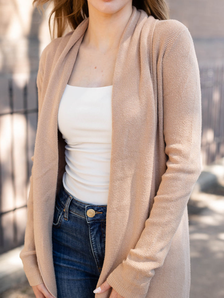 tan waffle knit long cardigan