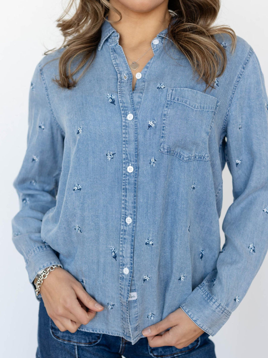 denim floral button down