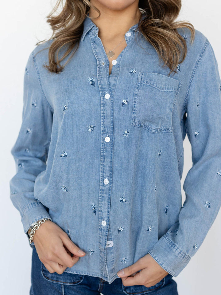 denim floral button down