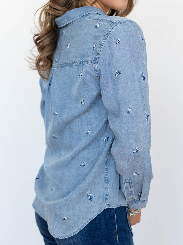 denim floral button down