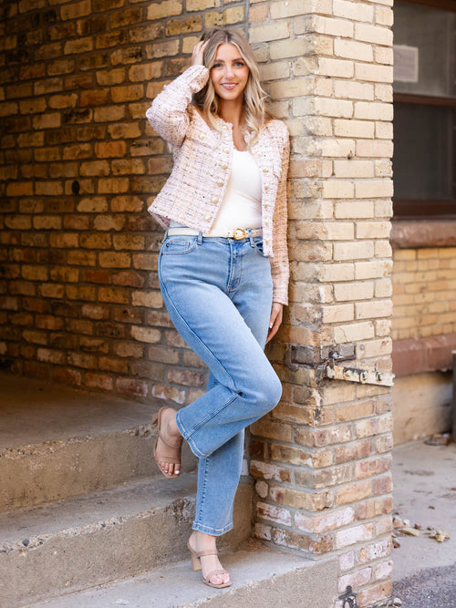 pink tweed structured blazer jacket