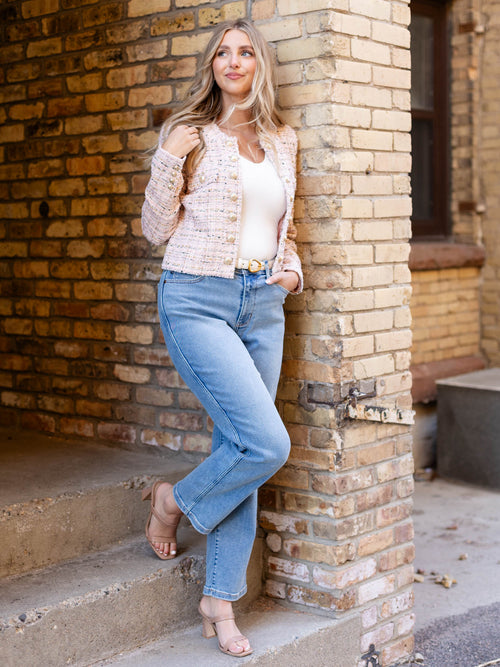 pink tweed structured blazer jacket