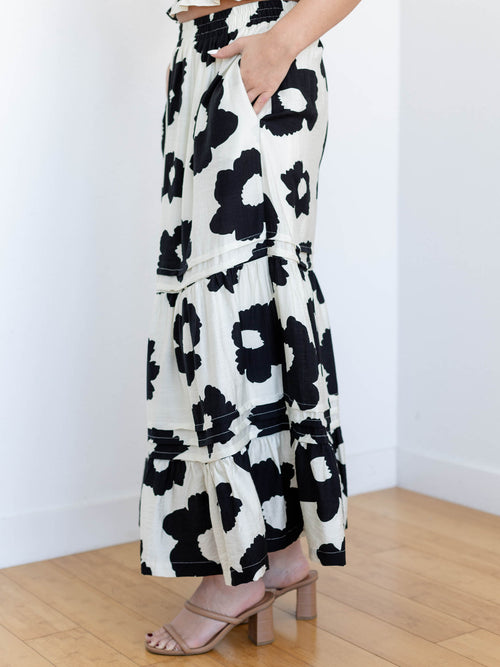 white and black floral maxi skirt