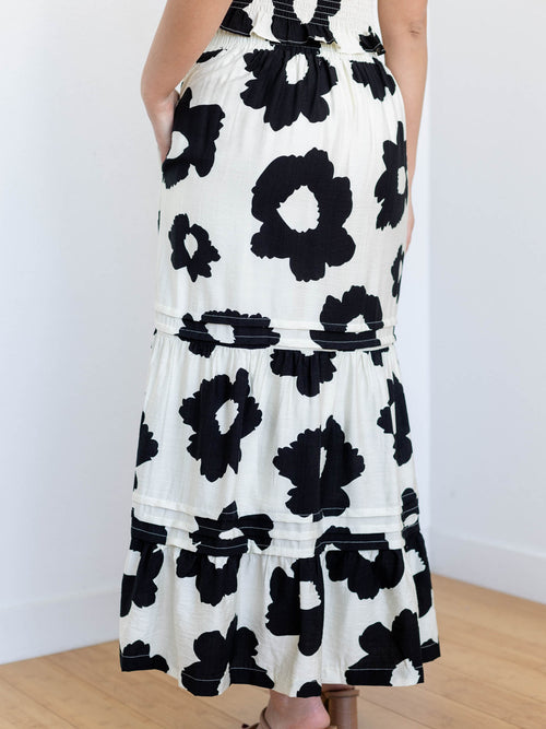 white and black floral maxi skirt