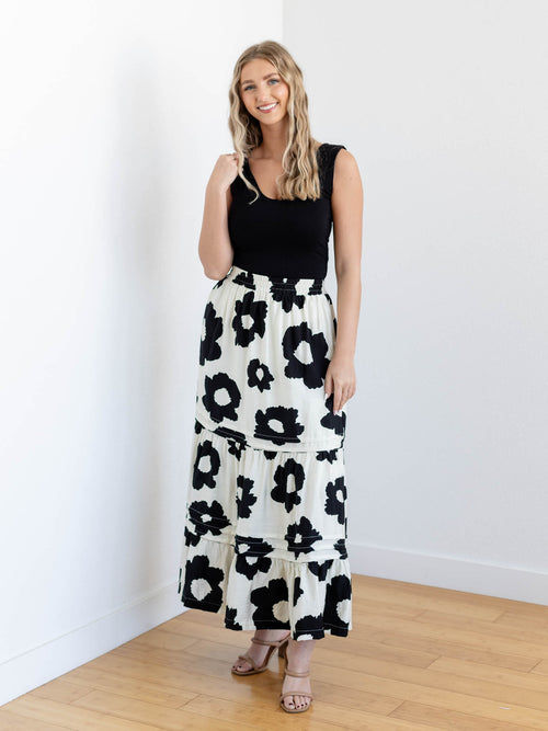 white and black floral maxi skirt