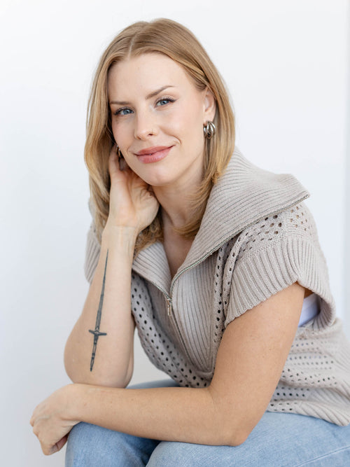 tan open knit zip sweater