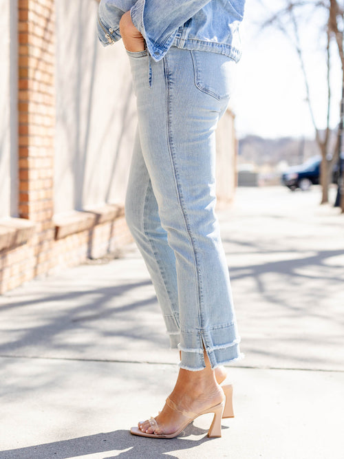 light wash double frayed cropped denim