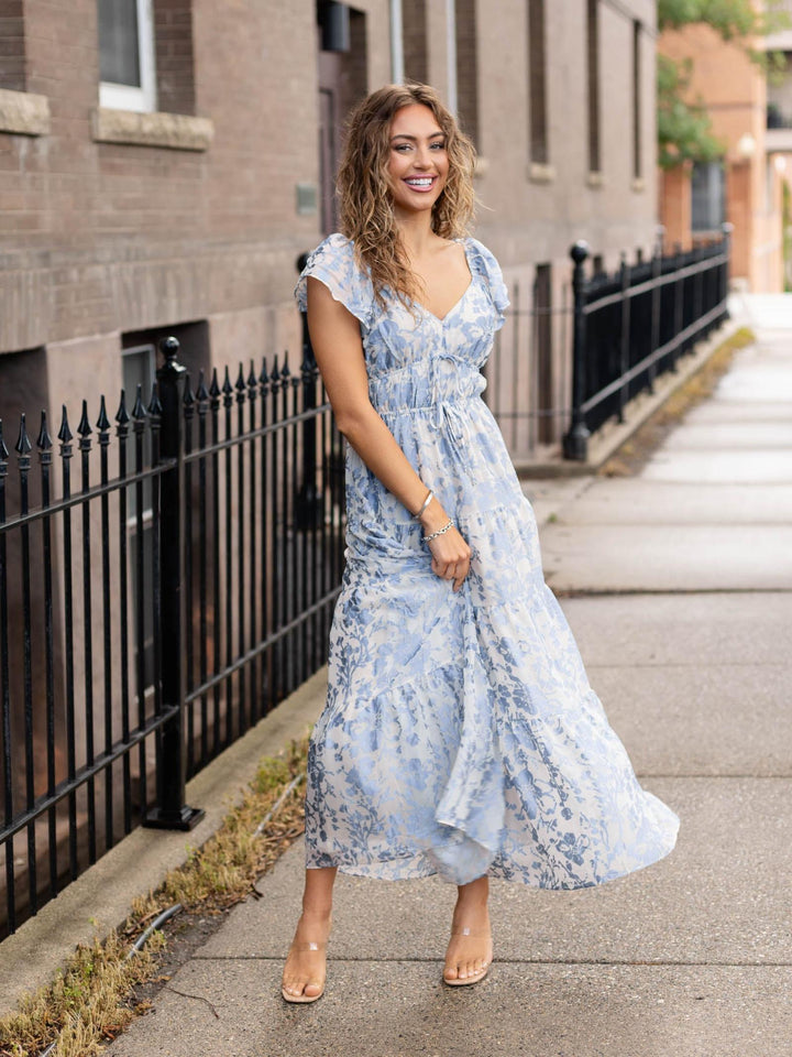 Floral Printed Tie Accent Flowy Tiered Dress