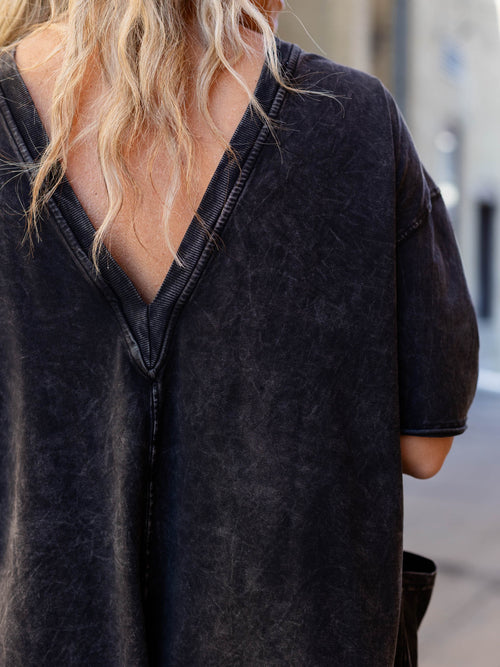 washed black relaxed short sleeve romper