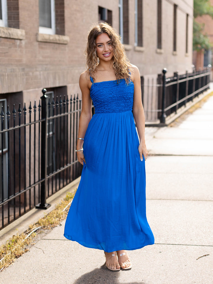 Smocked Cord Strap Detail Maxi Dress