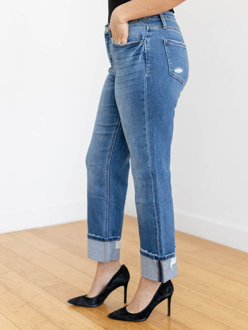 cuffed medium wash denim
