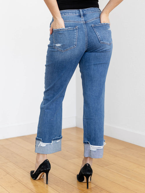 cuffed medium wash denim