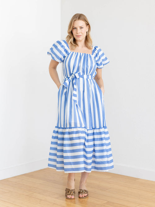 blue and white stripe short sleeve maxi dress