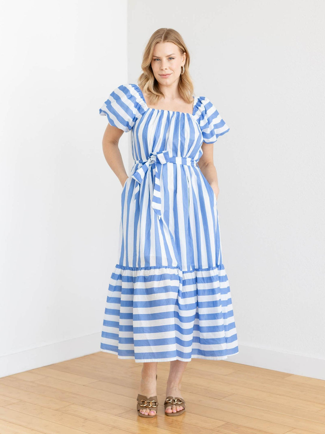 blue and white stripe short sleeve maxi dress