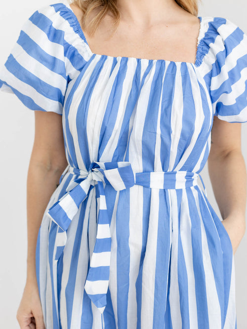 blue and white stripe short sleeve maxi dress