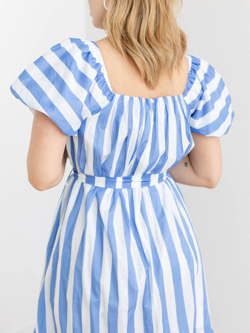 blue and white stripe short sleeve maxi dress