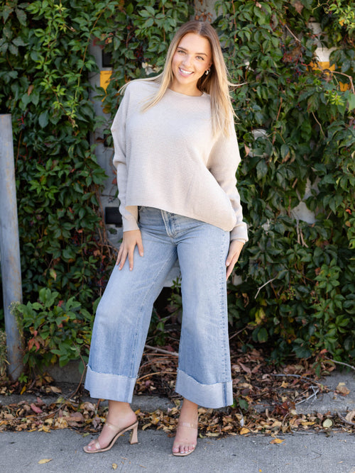 neutral boxy waffle sweater