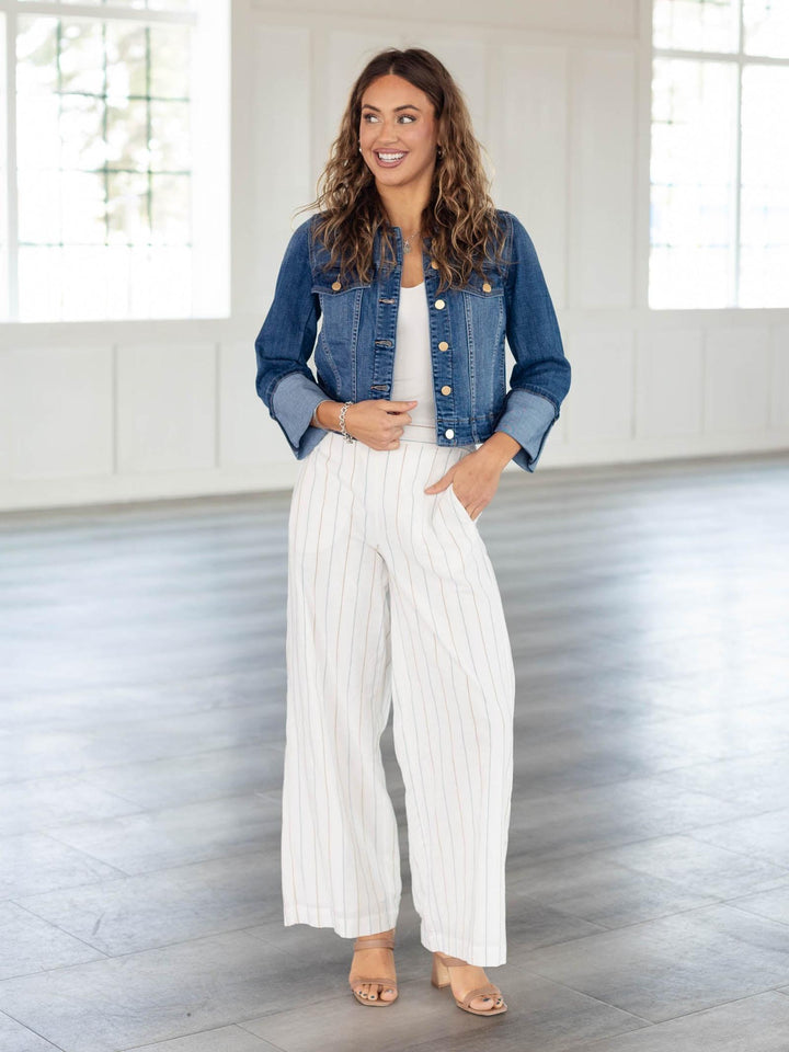 lightweight pants with denim jacket