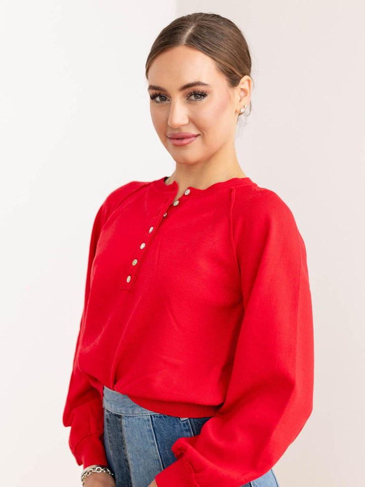 red half button sweater