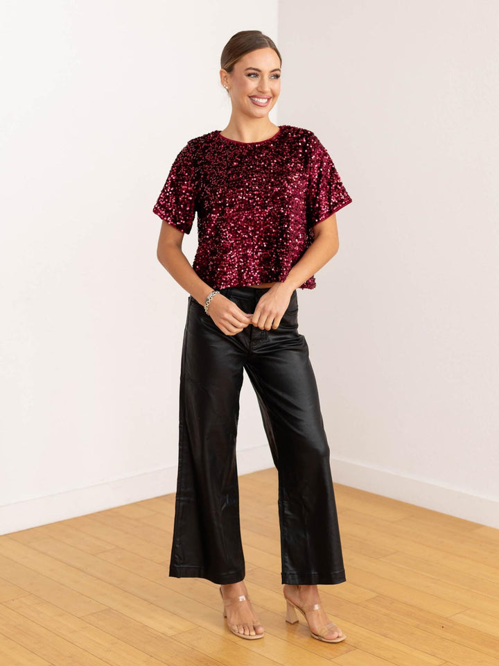 wide leg cropped flare coated pant