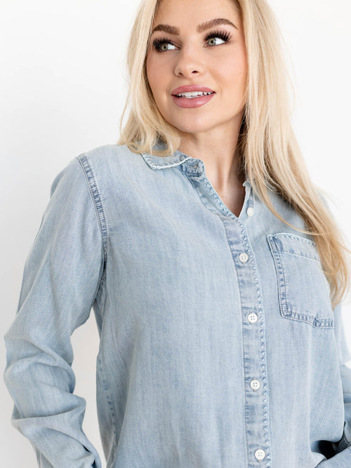 flowy denim button down