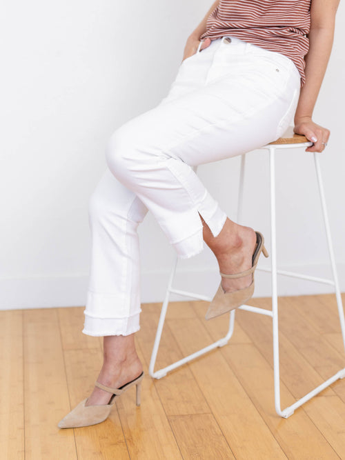 white double fray layered hem cropped denim