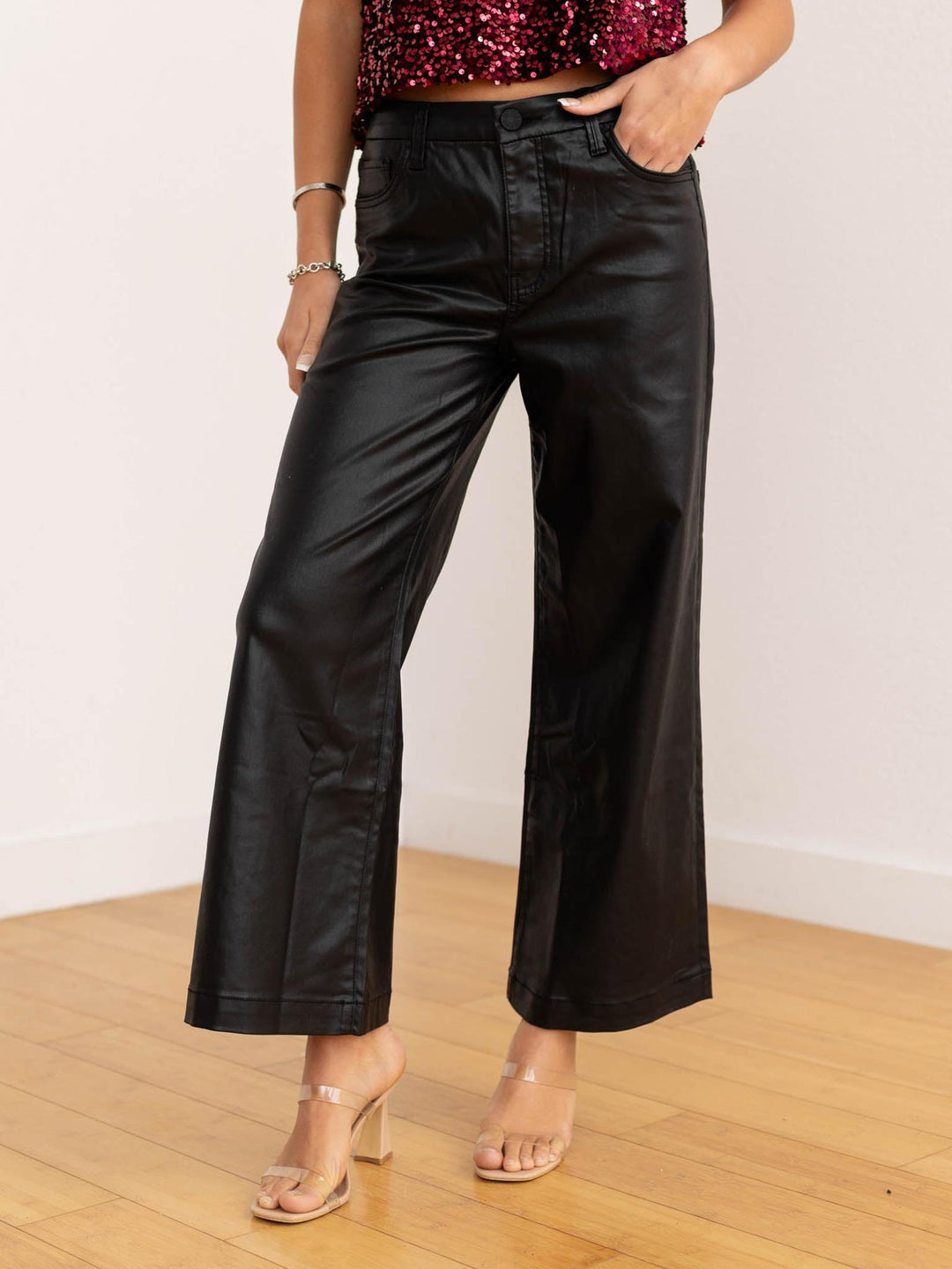 wide leg cropped flare coated pant