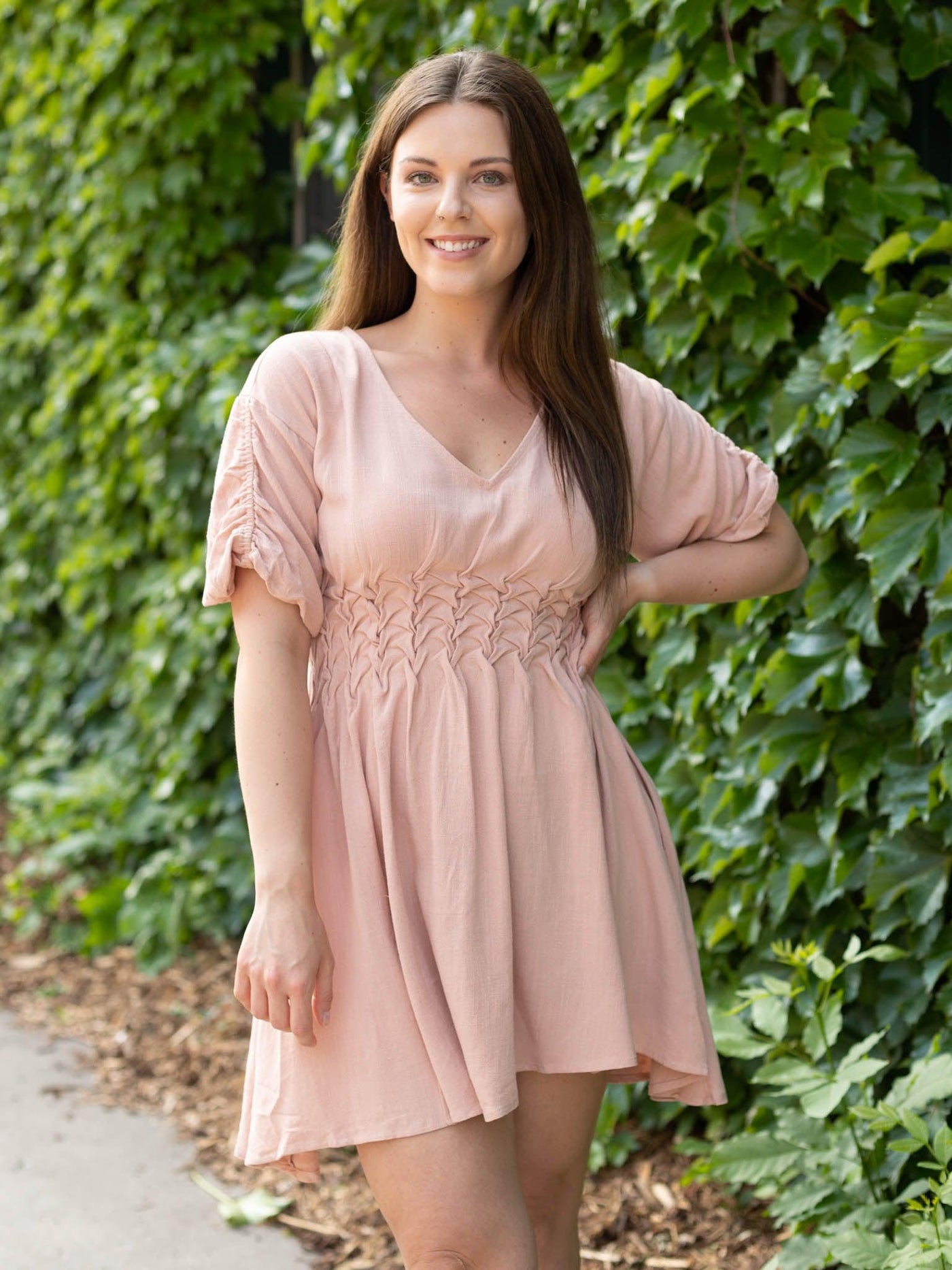 gathered waist pink dress