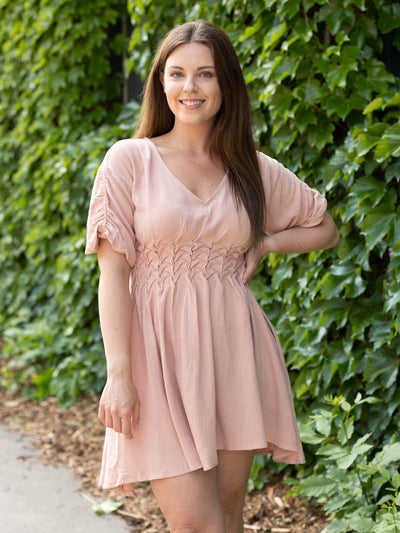 gathered waist pink dress