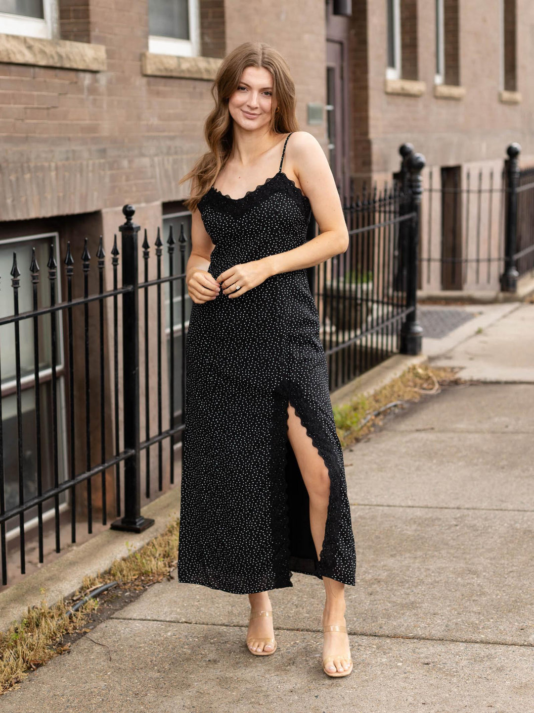 front slit polka dot dress