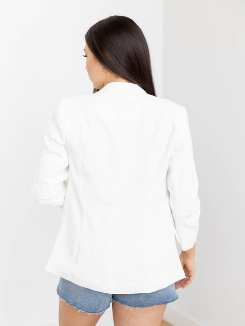 bright white ruched sleeve blazer