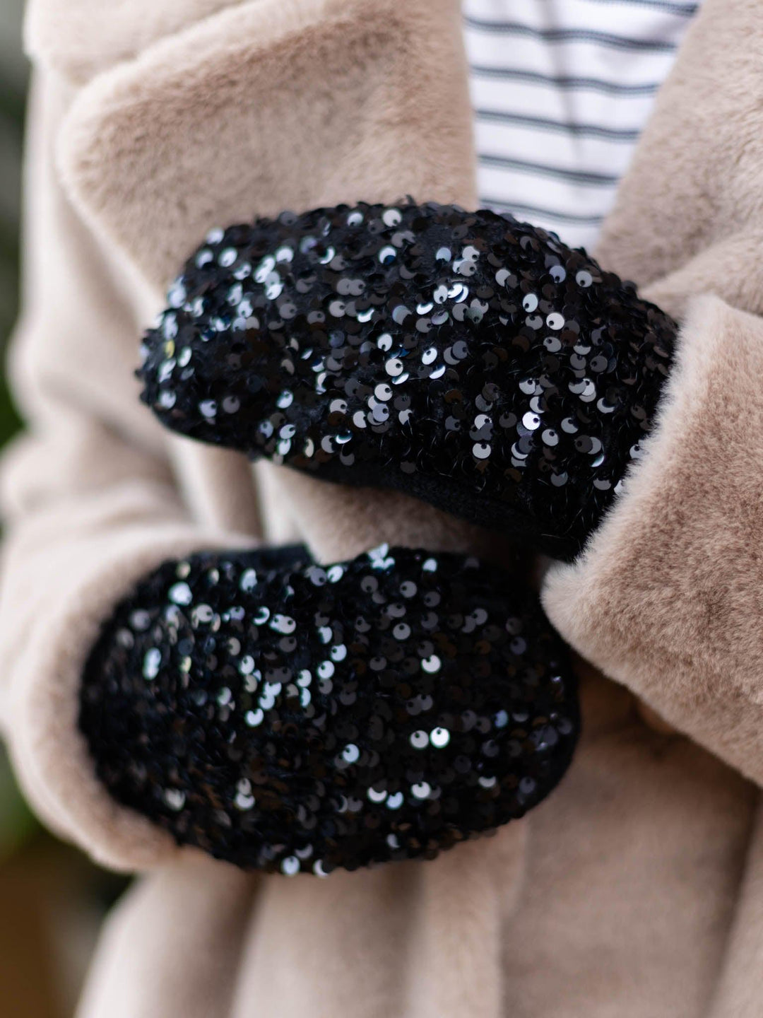 black sequin mittens