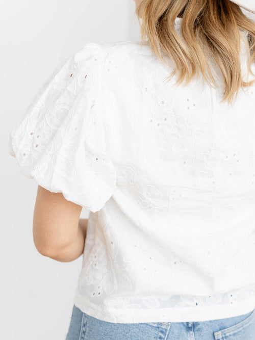 white eyelet embroidered v neck top