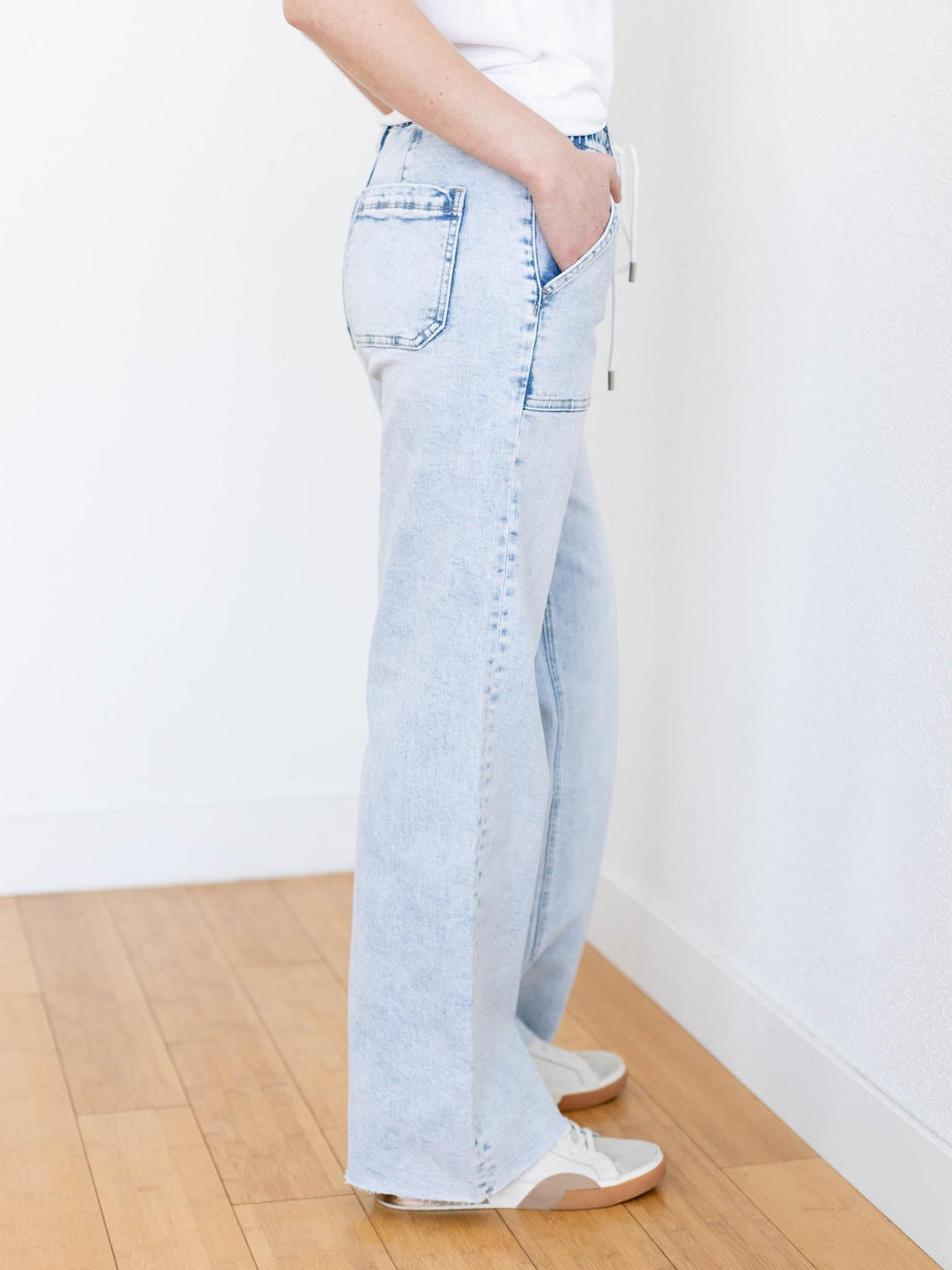 light wash drawstring denim