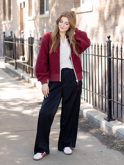 maroon piping zip front jacket