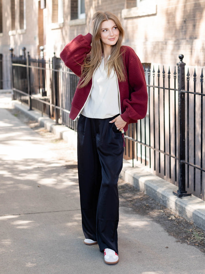 maroon piping zip front jacket