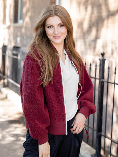 maroon piping zip front jacket