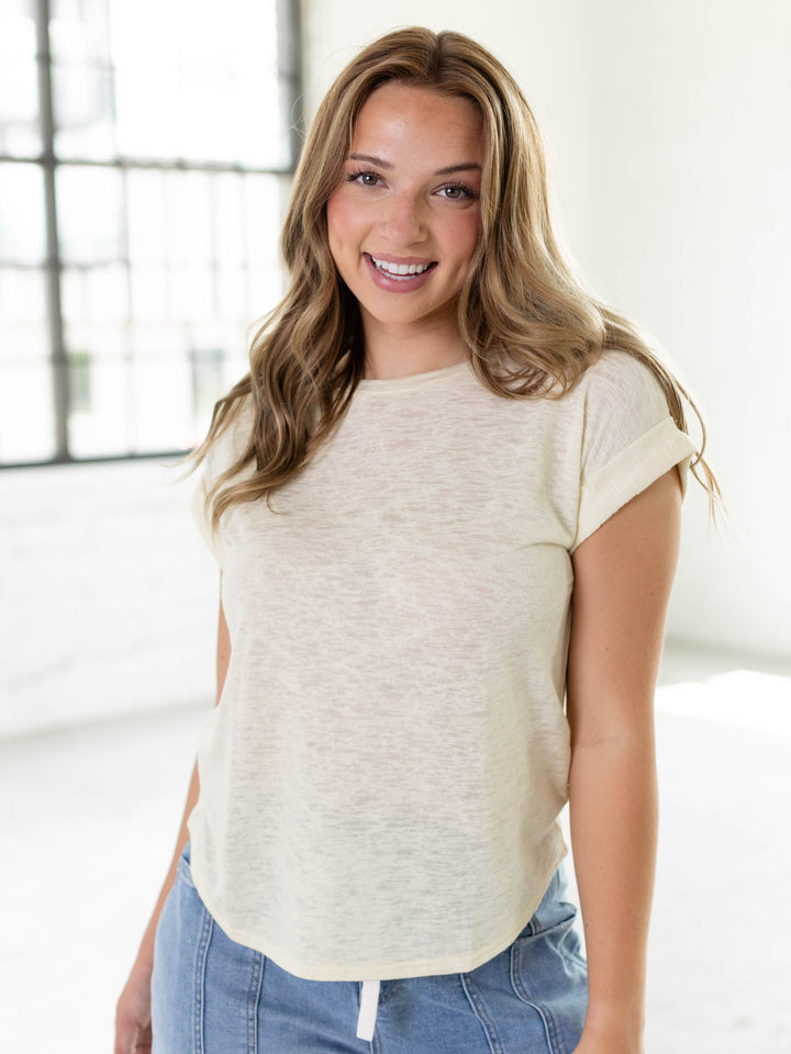 Hacci Slub Cuff Sleeve Round Neck Tee
