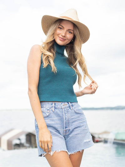 teal sleeveless mock neck sweater top