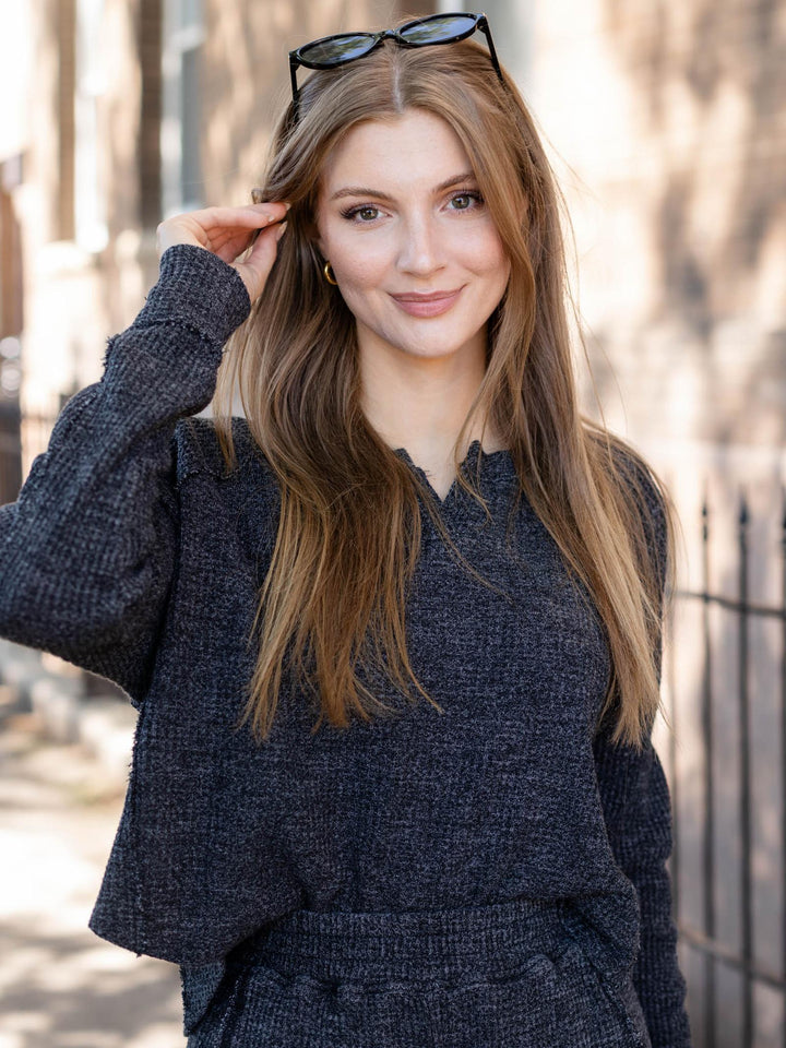 black waffle knit two piece set