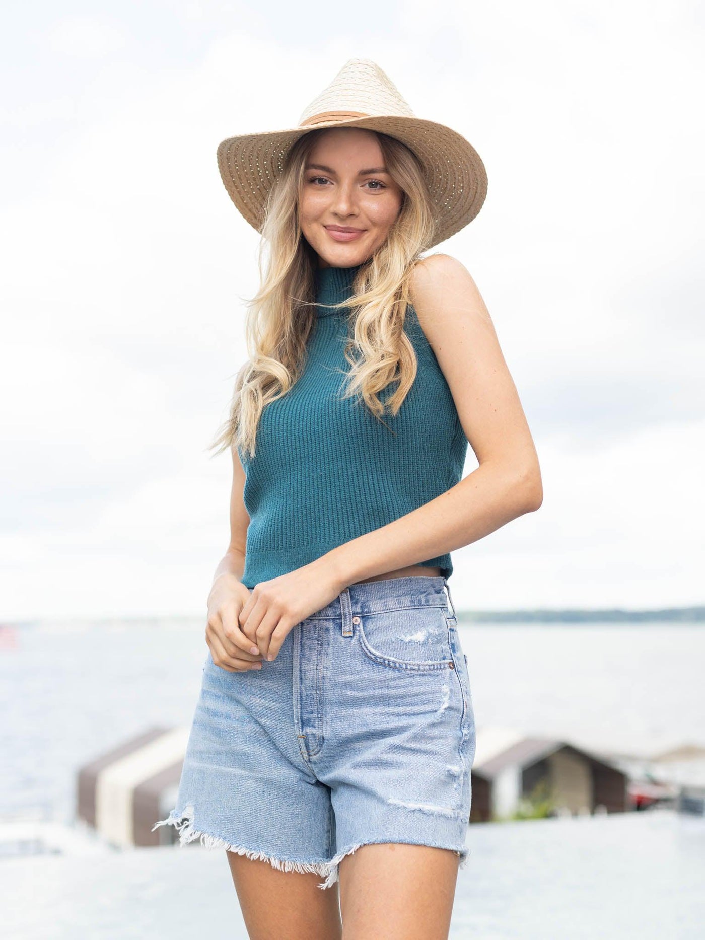 sleeveless turtleneck tank teal