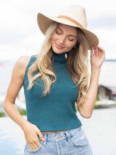 knit ribbed teal mock neck summer top