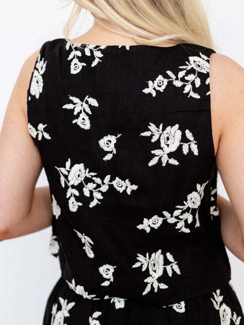 black and white floral embroidered square neck tank
