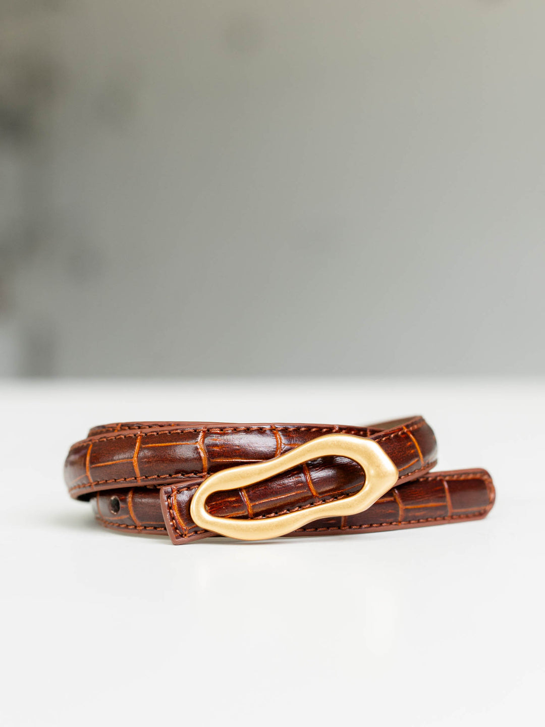Skinny Croco-Embossed Thin Asymmetrical Buckle Belt