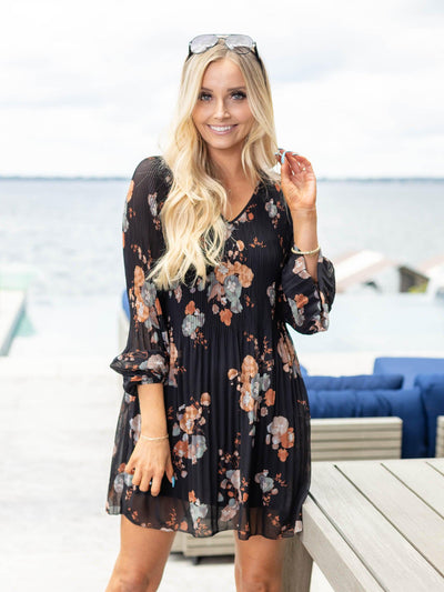 long sleeve floral a line dress