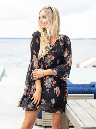 pleated floral a line shift black tape dress