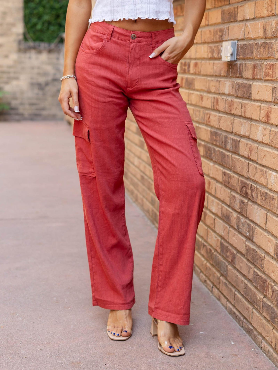 clay colored linen cargo pants