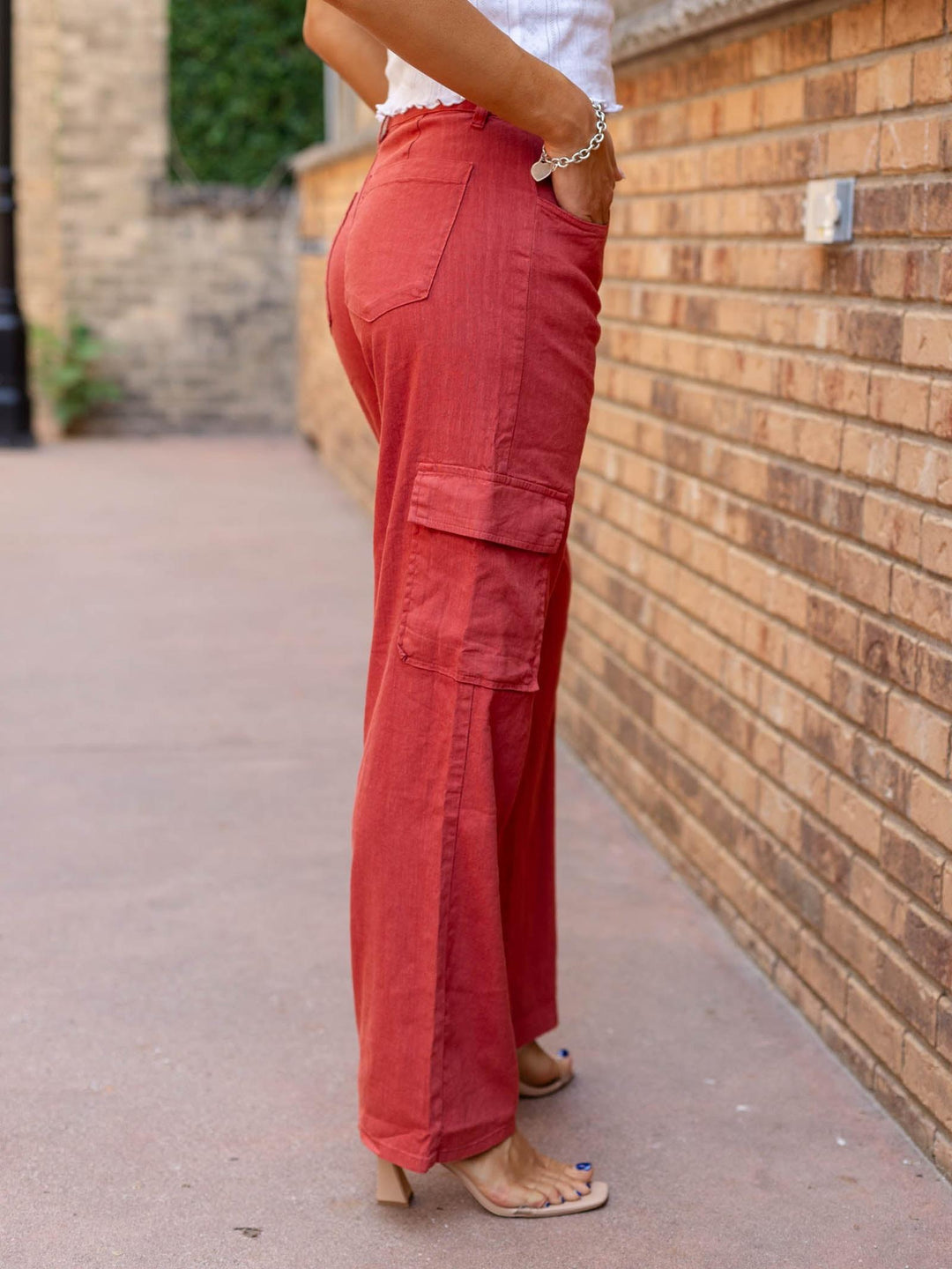 clay colored linen cargo pants